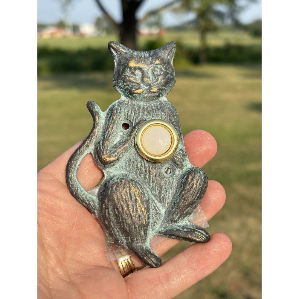 Kitschy Vintage Solid Brass Decorative Cat Faceplate and Doorbell